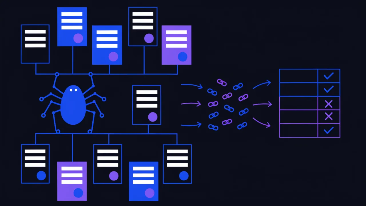 Inventory diagram: a crawler walks the pages and collects outbound links and ad blocks into a table with label status