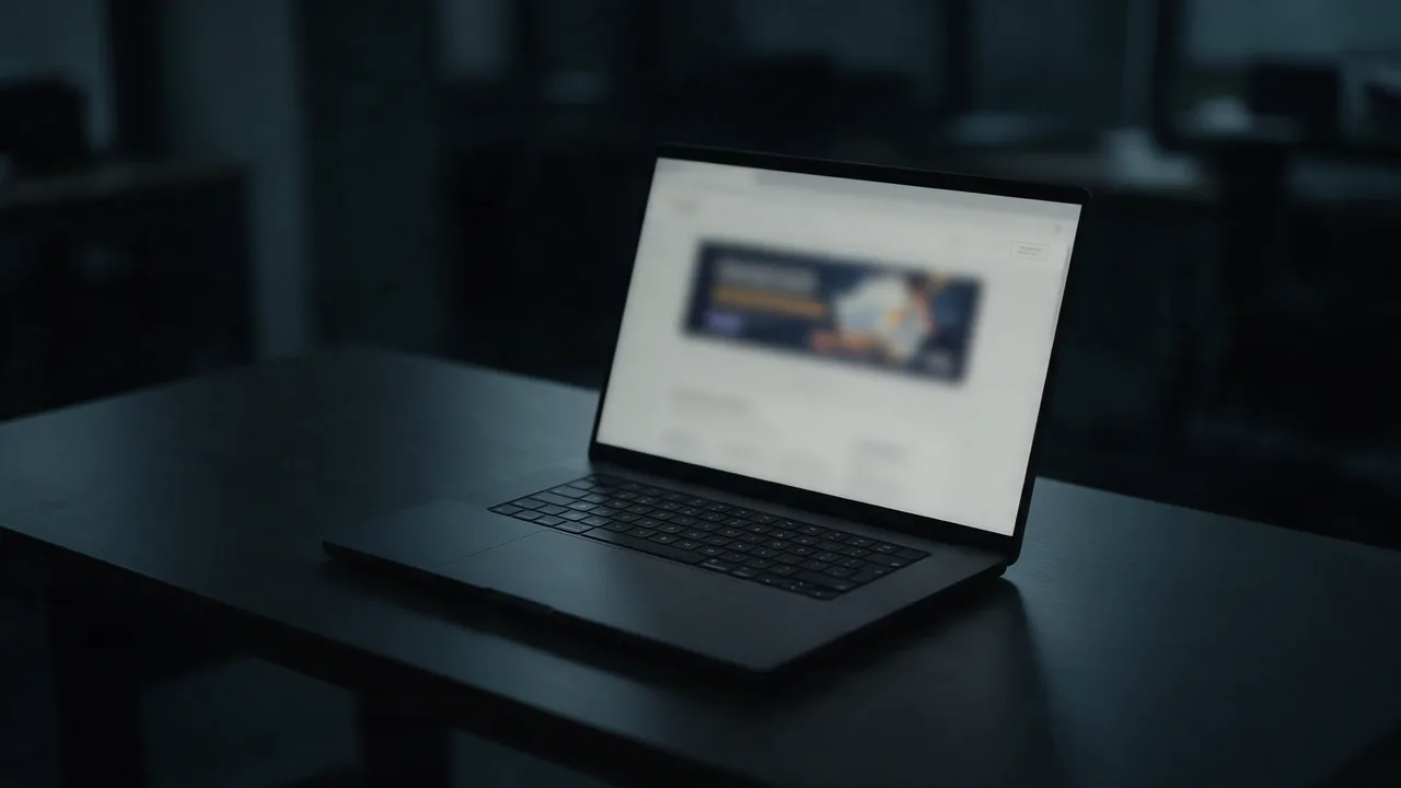 Laptop on a dark desk showing a blurred web page with a wide advertising banner and a small label in the corner