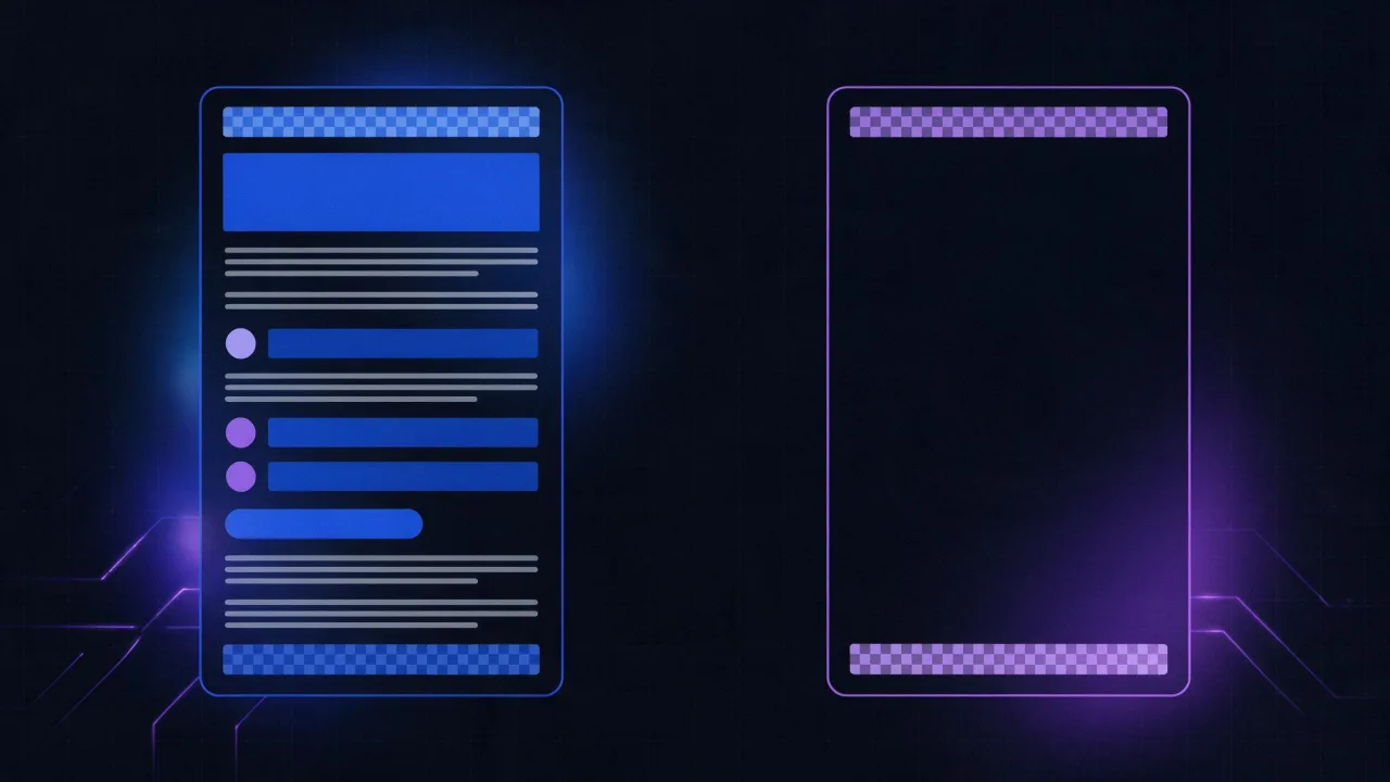 Raw HTML compared with the rendered page: part of the text appears only after scripts run