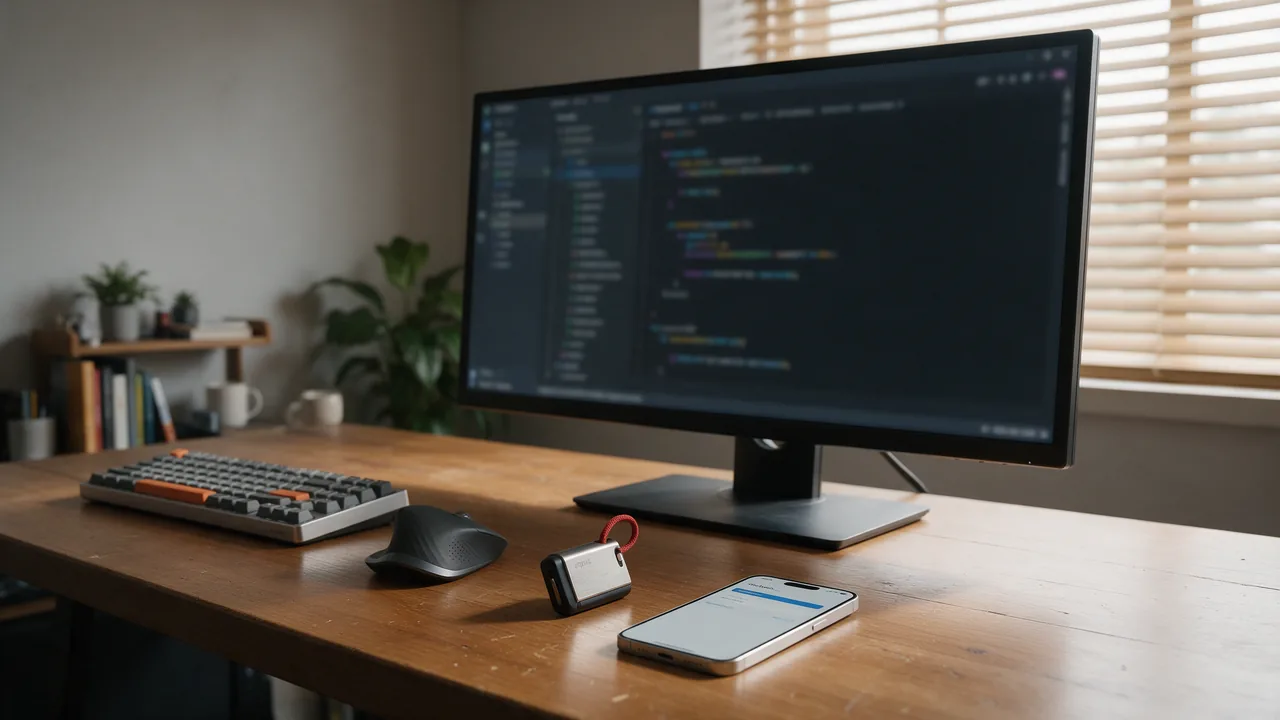 Редактор кода с проверкой авторизации API и аппаратный ключ на столе