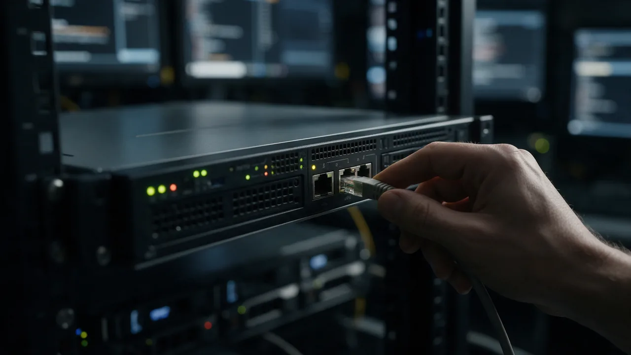 A hand plugs a network cable into a rack-mounted server with green status lights glowing on its front panel