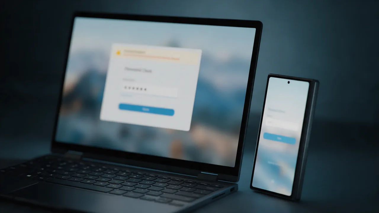 A laptop showing a blurred password check form with a warning banner, a smartphone with a login screen beside it