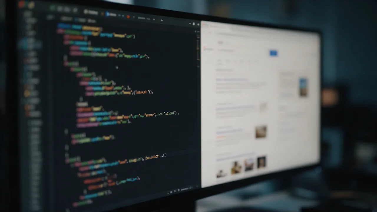 Monitor with blurred code in an editor on the left and a blurred search results page on the right