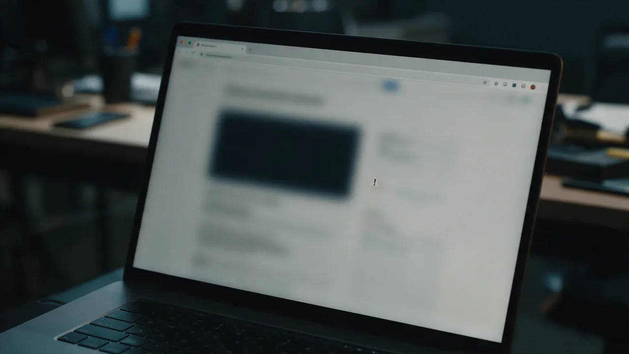 A laptop in a dim office showing a blurred full-page browser error with a large dark block