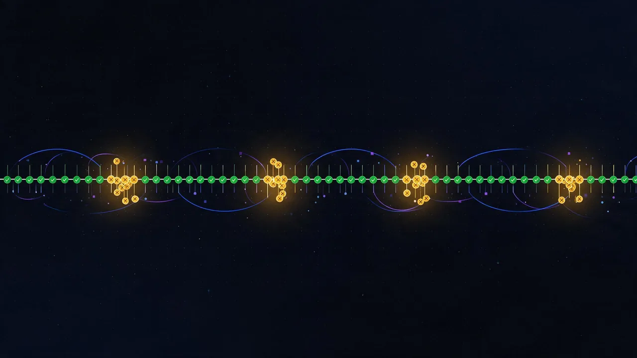 Timeline chart showing intermittent origin failures clustering at regular intervals against a background of successful checks