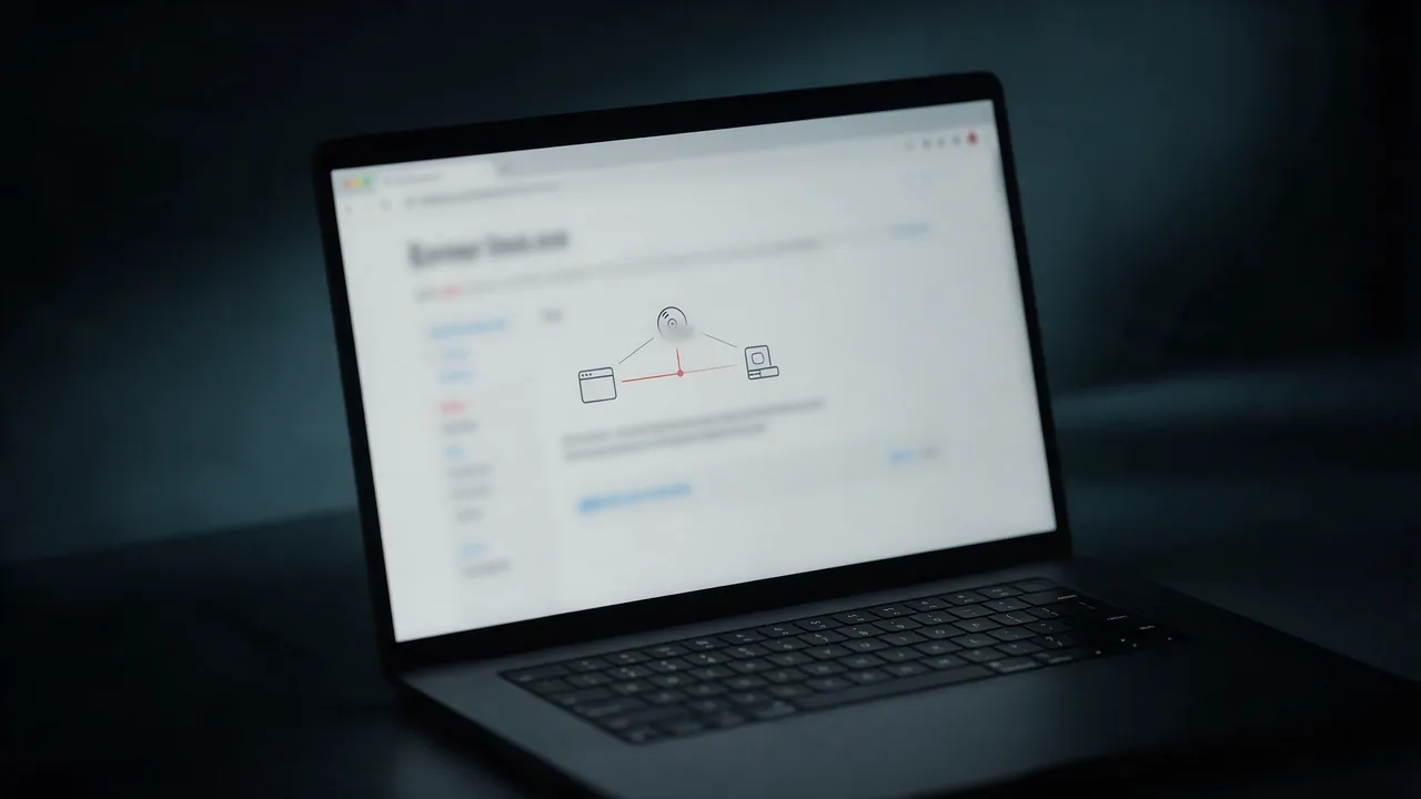 Laptop showing a blurred error page with a line diagram of browser, CDN and server where one link is red