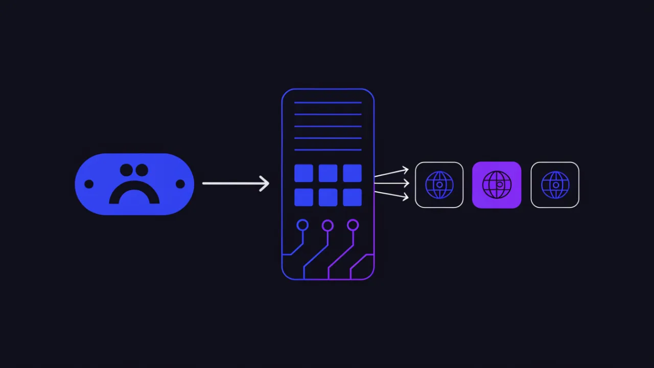 Diagram: the domain name points via a DNS record at the platform server, and the platform matches the name in the request to the right project