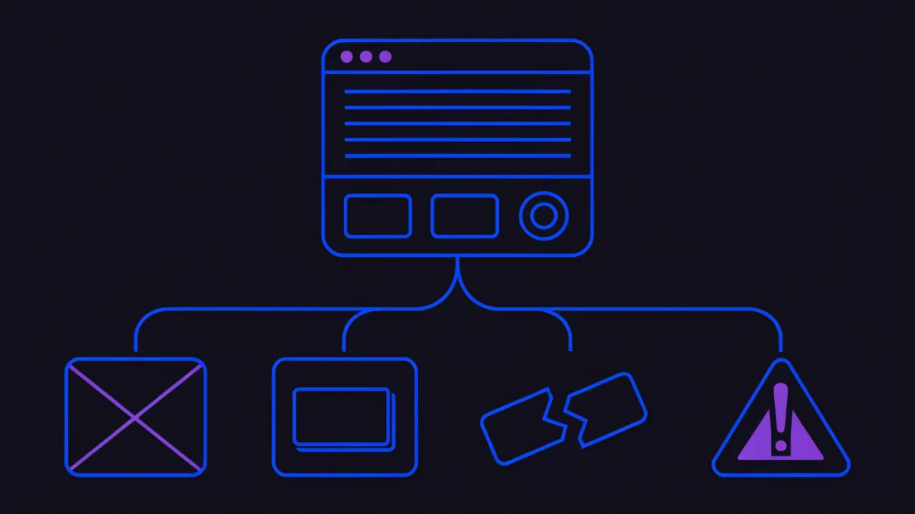 Branching diagram: the visitor sees a placeholder, the old site, a name error or a certificate warning, and each branch leads to its own cause