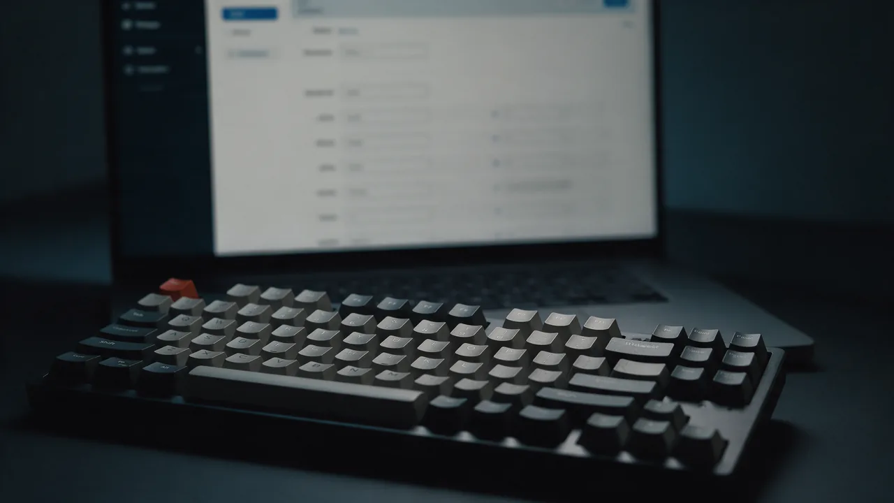 A mechanical keyboard in front of a laptop whose screen shows a blurred domain settings panel with DNS record fields
