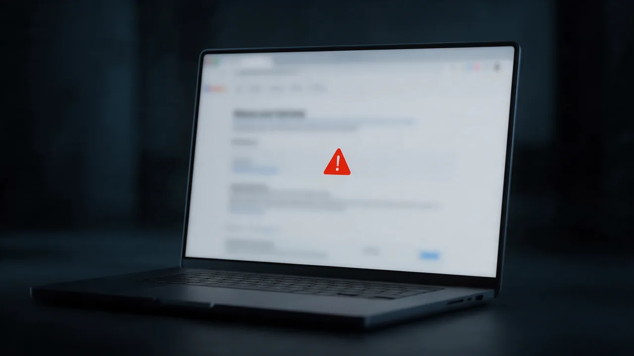 Laptop showing a blurred full-page browser warning with a red triangle alert icon in the centre