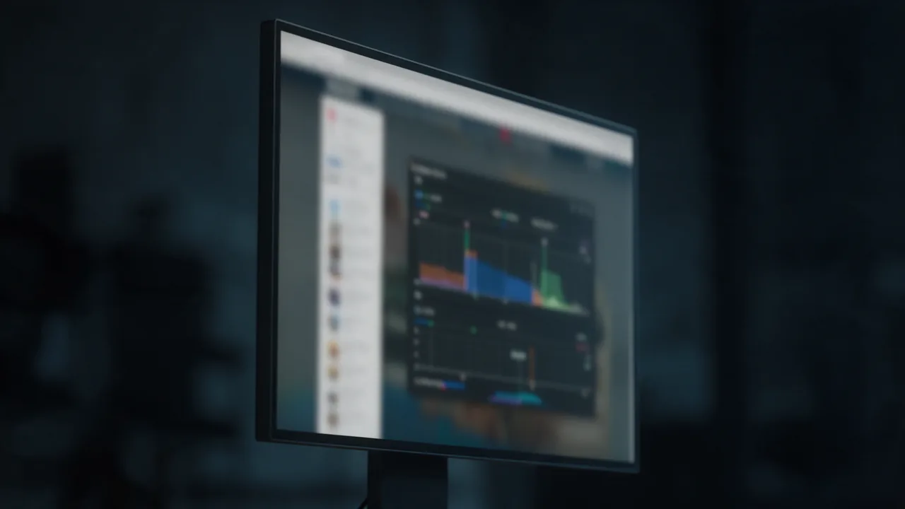 Monitor showing a blurred long web page overlaid by a performance panel with coloured rendering timing charts