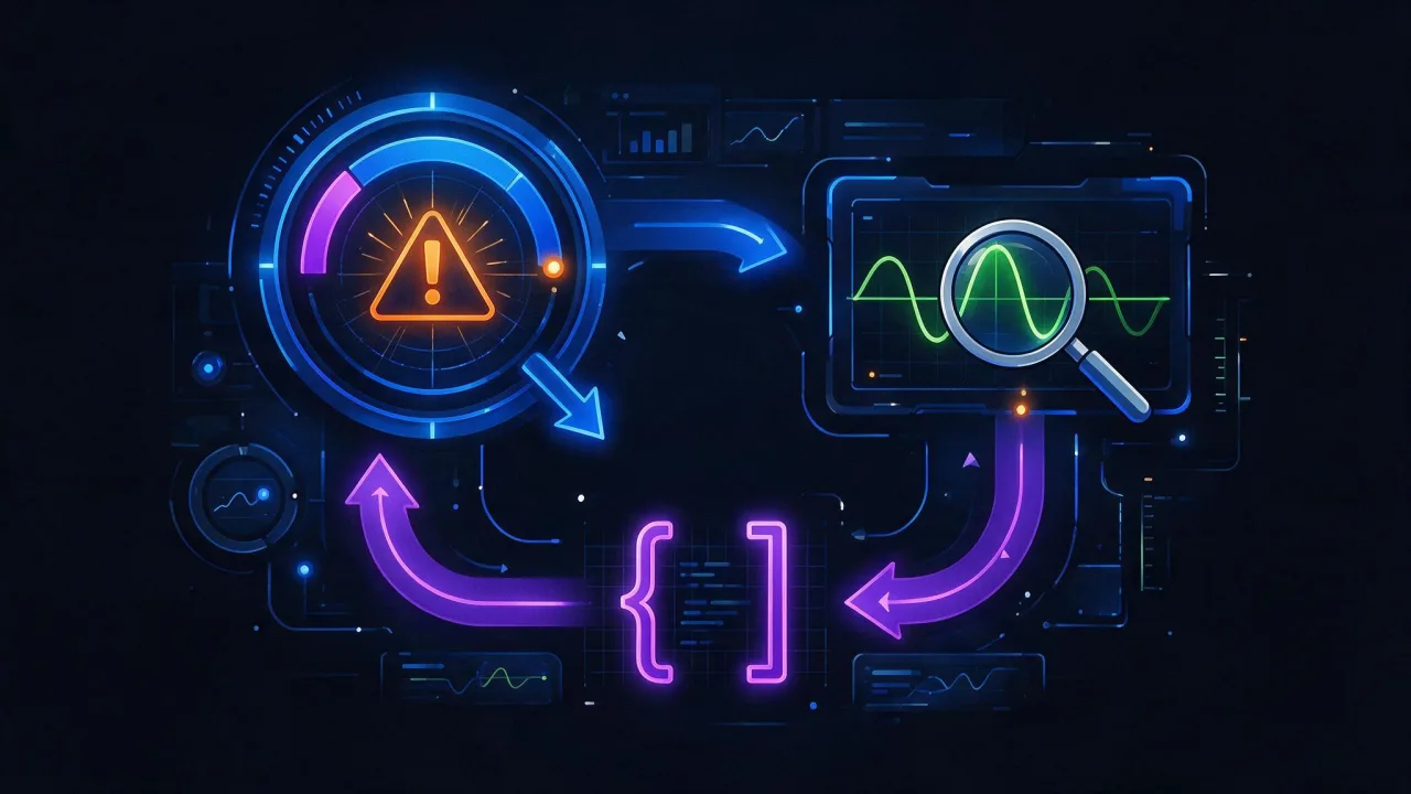 Diagnostic flow: a symptom in the report, a check with a tool, a fix in code