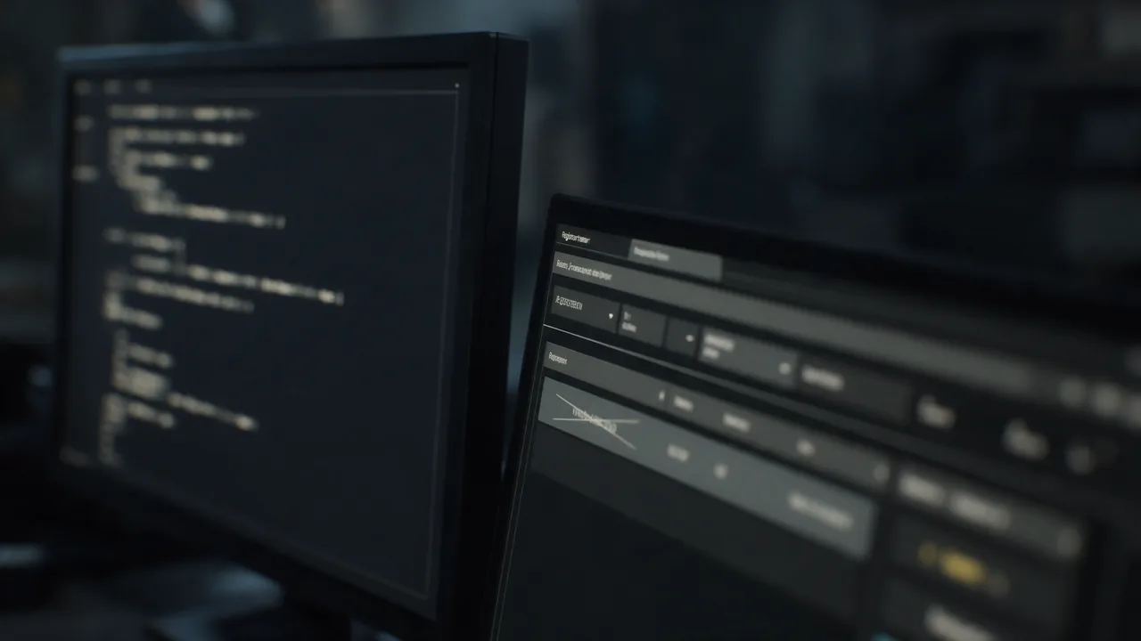 Two dark monitors: blurred terminal output on the left and a blurred registrar panel with a crossed-out record on the right