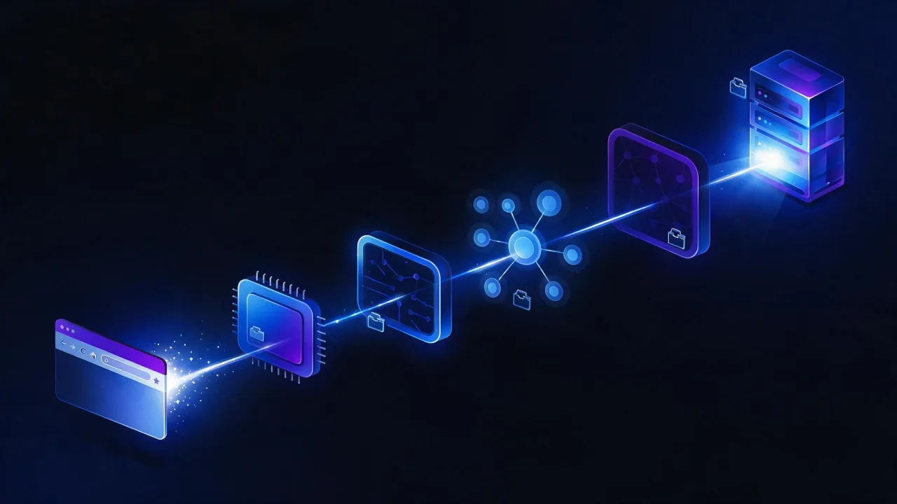 Путь DNS-запроса от браузера через кэш системы и рекурсивный резолвер к корневым, TLD и авторитетным серверам