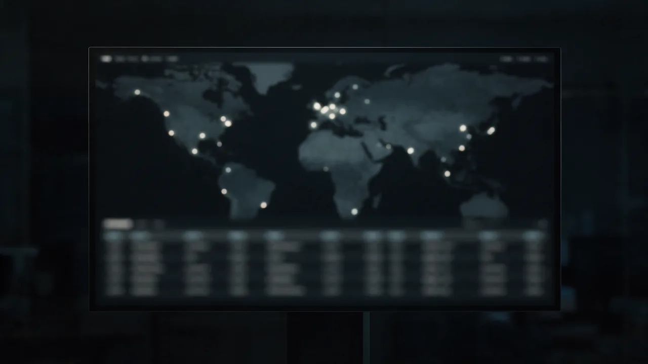 Large screen in a dark office with a world map, glowing points across countries and a blurred status table below