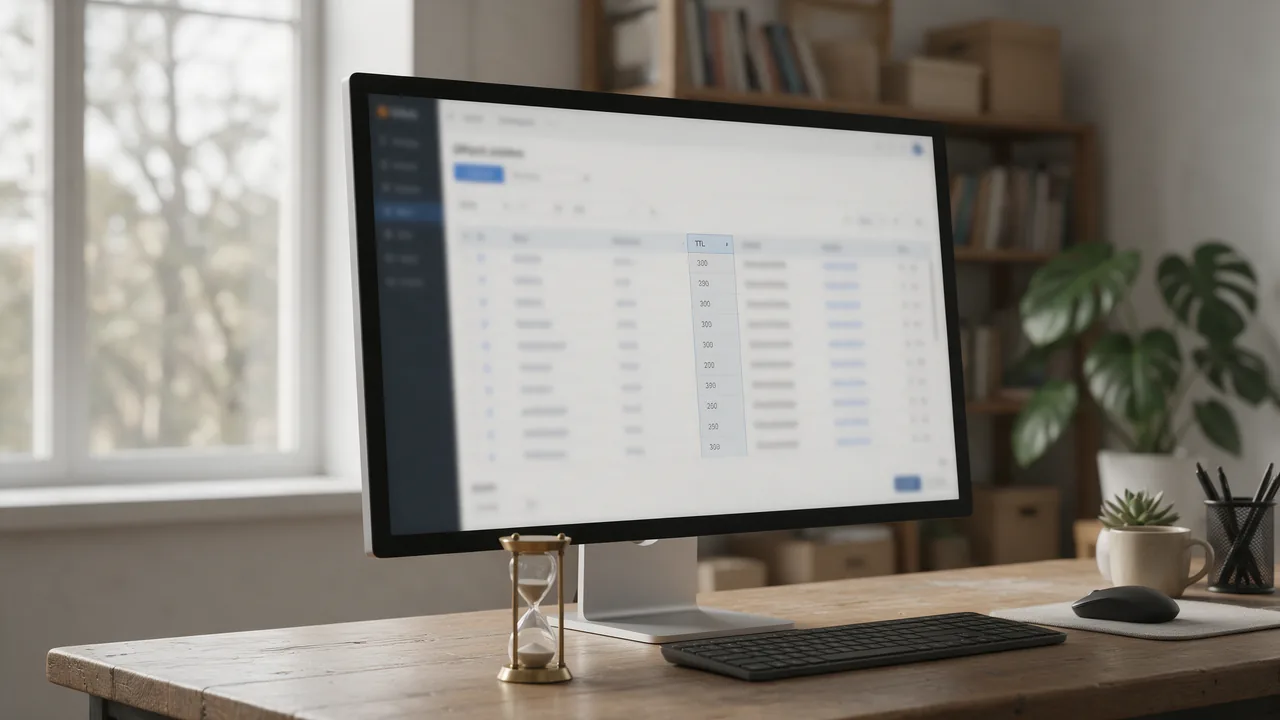 Редактор DNS-зоны с выделенным столбцом TTL и песочные часы у монитора