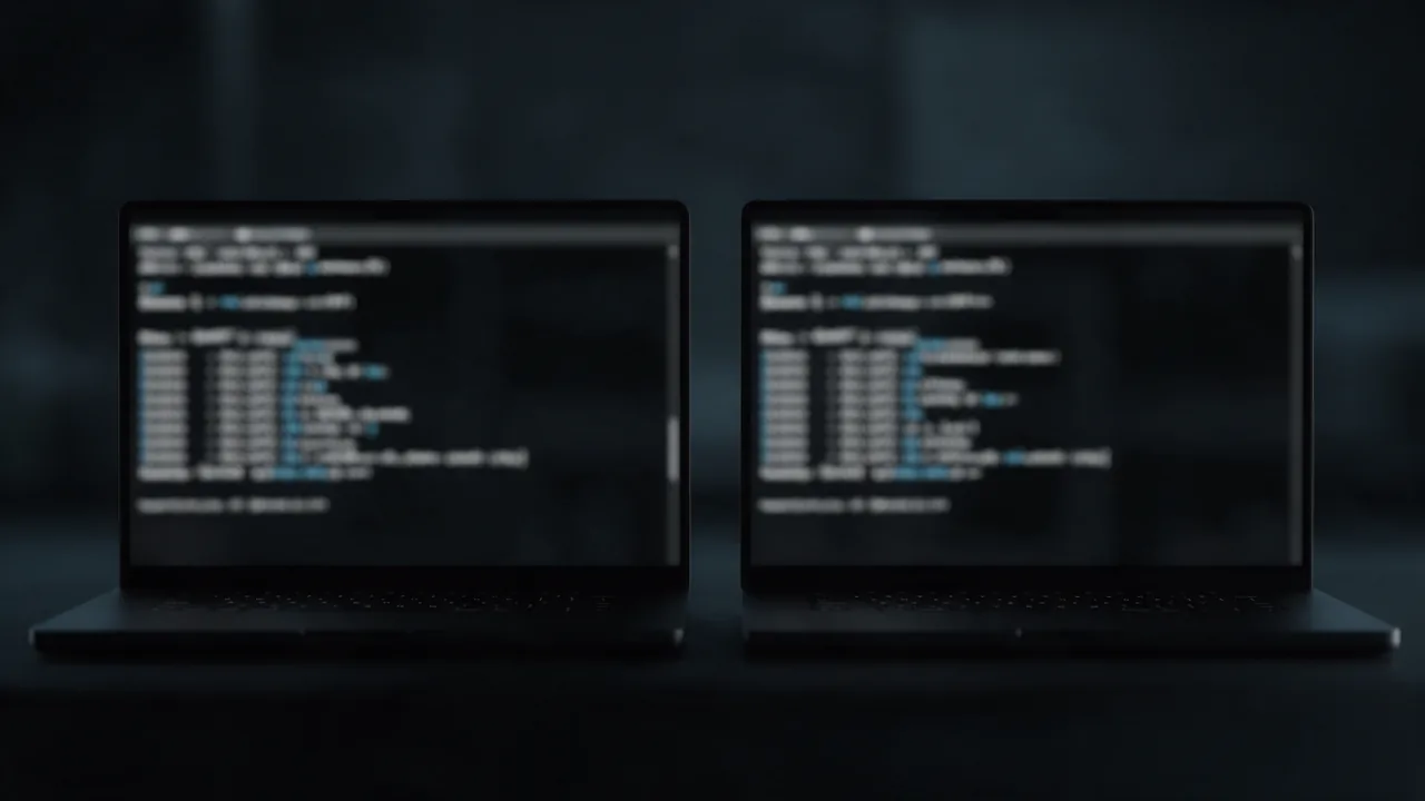 Two laptops side by side in the dark, each running blurred DNS lookup commands with differing terminal output
