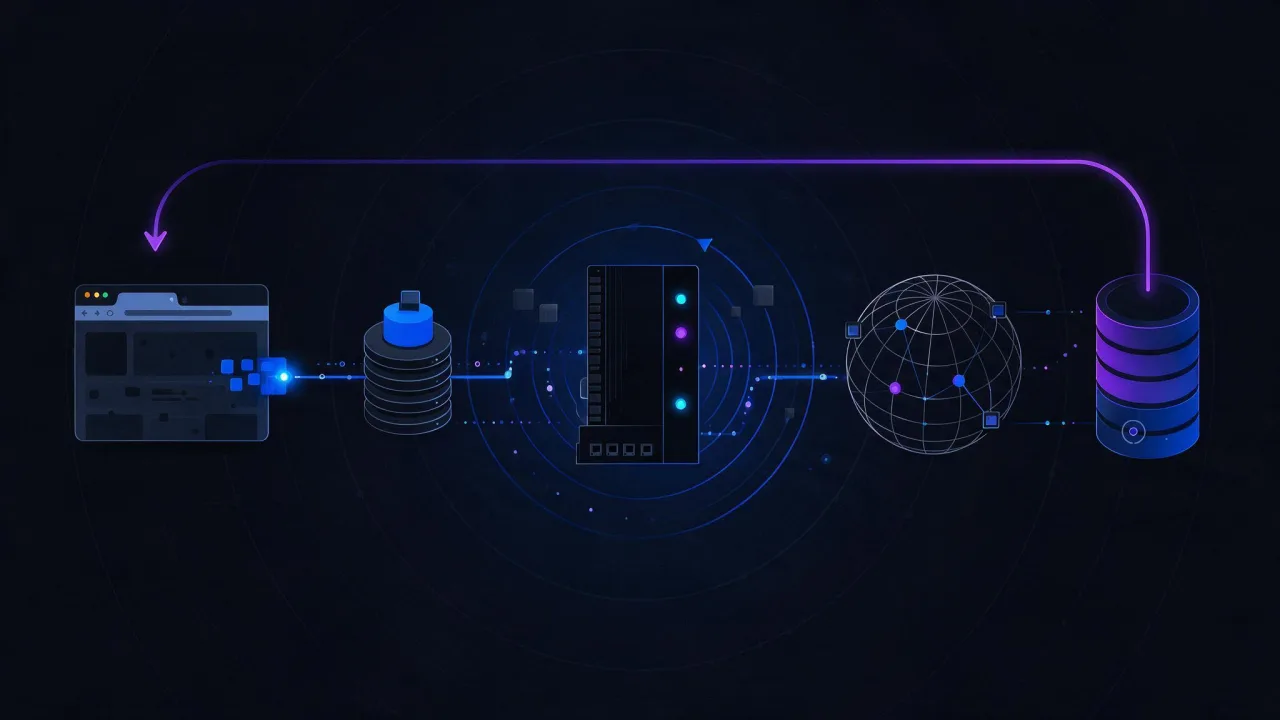 Путь DNS-запроса: браузер, кэш операционной системы, рекурсивный резолвер, корневой сервер, TLD-сервер и авторитативный сервер домена