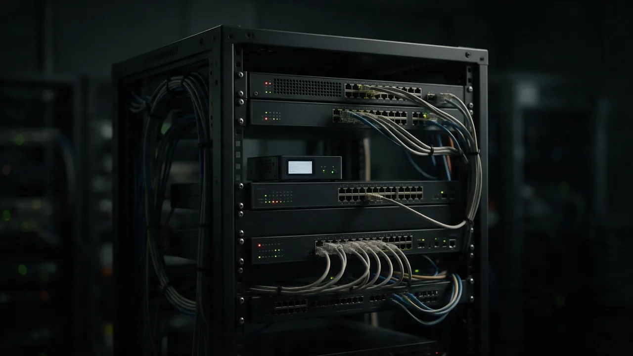 A network rack with switches, a small appliance with a display, patch cables and status LEDs