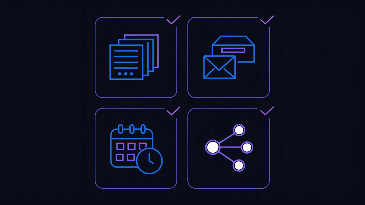 Checklist illustration: registry status, contact mailbox, paid period and delegation as four control points