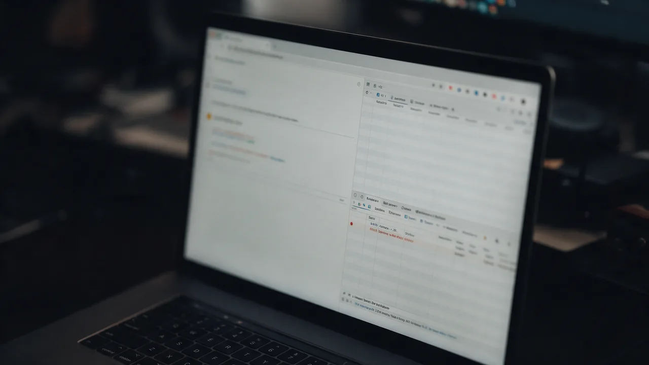 A laptop showing a blurred browser error page beside a developer tools network panel with one request marked red