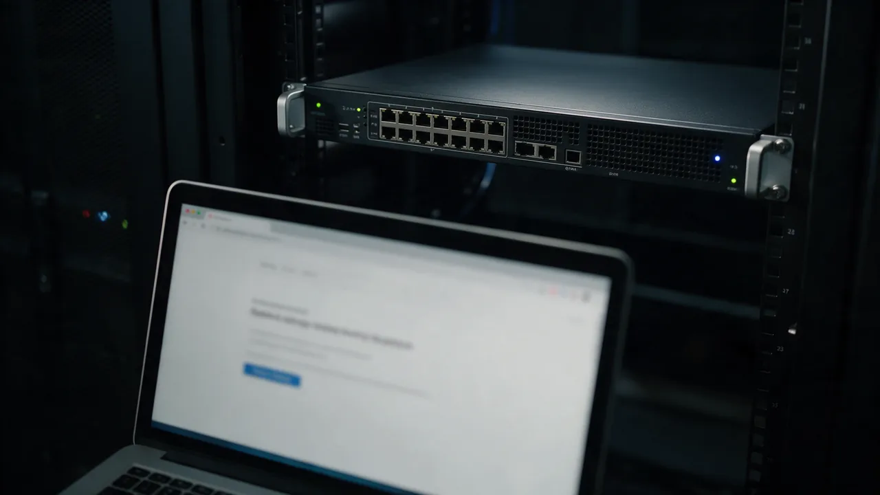 A laptop showing a blurred browser error page in front of a network appliance mounted in a server rack