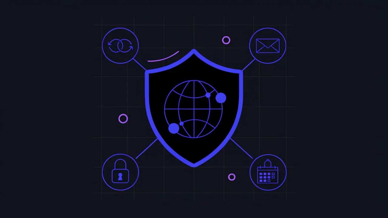 Diagram of domain loss prevention: auto-renew, off-domain contact mailbox, expiry monitoring, transfer lock, registrant rights held by the company
