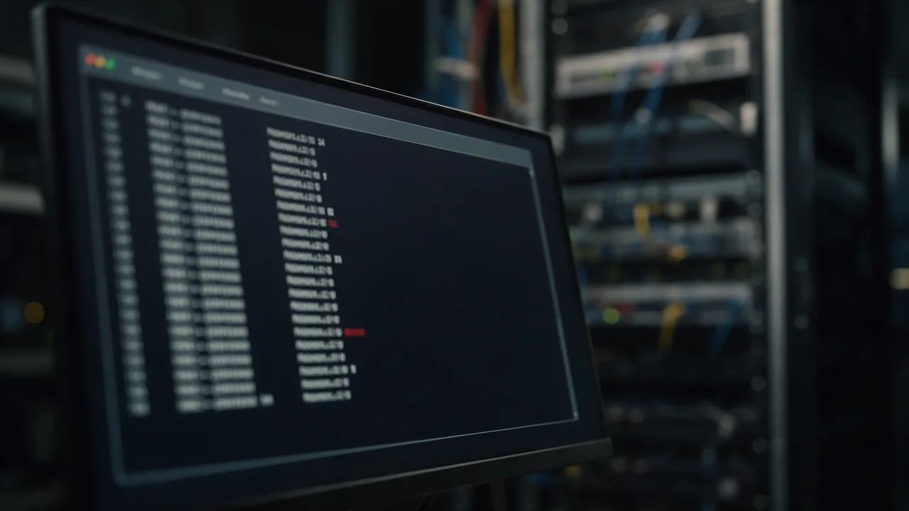 A monitor with a blurred terminal list of blocked IP addresses in front of a server rack