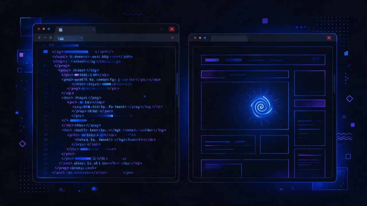 Raw HTML with text on the left, the empty page shell a bot receives on the right