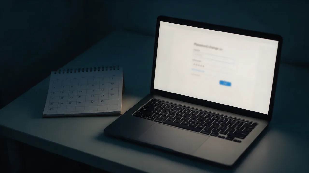 A laptop showing a blurred password change form next to a desk calendar on a dark table