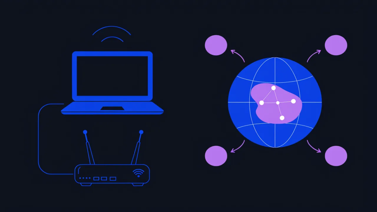 Diagram: on the left a device and router with resolver settings, on the right a domain with NS records at the registrar — two independent places where DNS changes