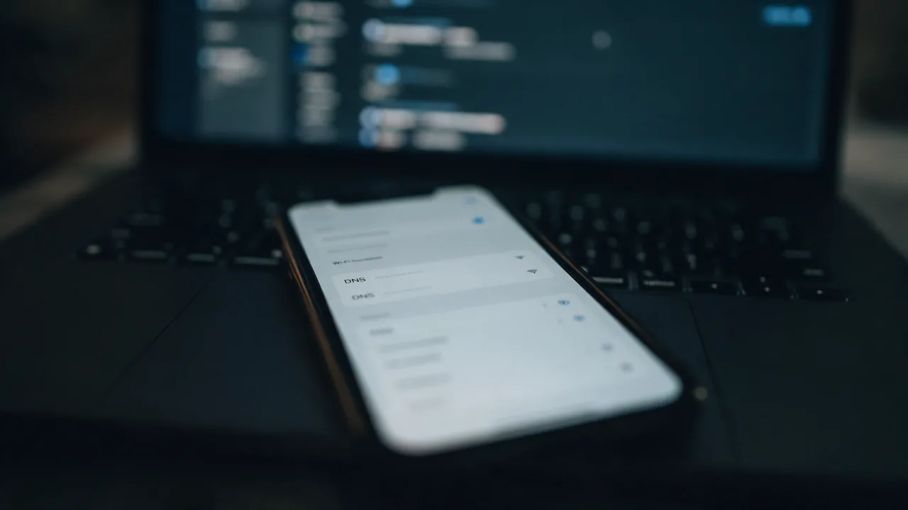 Смартфон с размытыми настройками Wi-Fi и полями DNS лежит на клавиатуре ноутбука