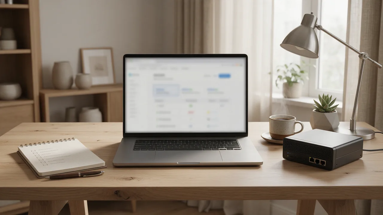 A hosting comparison on a laptop, a checklist and a small server