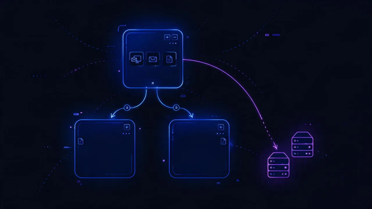 Diagram of a domain zone: root with A, MX and TXT records, subdomains with CNAME, delegation through NS
