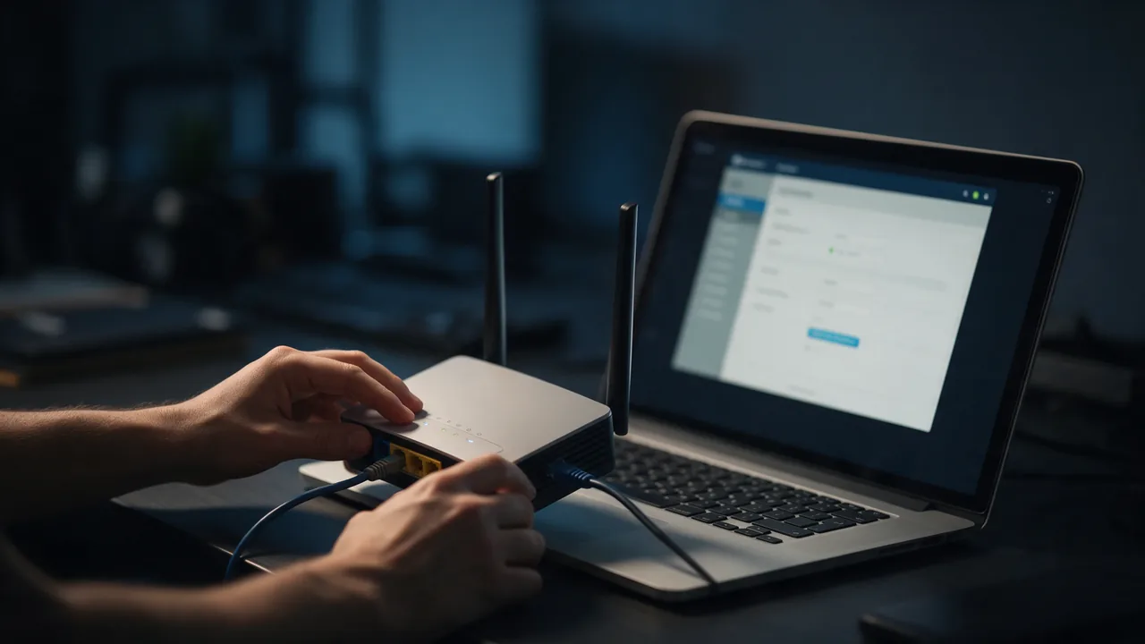 Hands adjust a home router with antennas next to a laptop showing a blurred router admin panel
