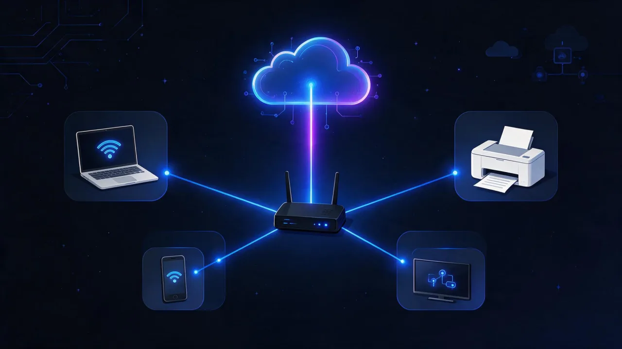 Home network diagram: several devices with local addresses connected to a router that presents a single public address to the internet