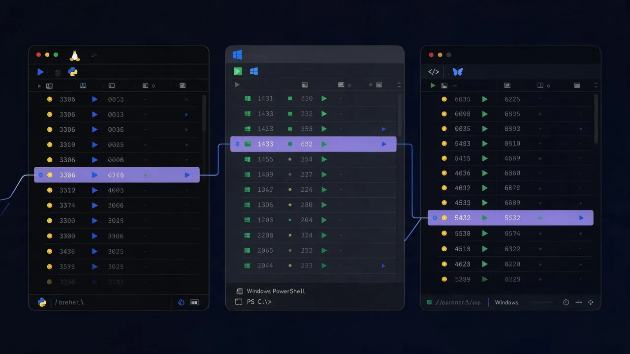 Diagram mapping commands across systems: ss and lsof on Linux, netstat -ano and Get-NetTCPConnection on Windows, lsof on macOS
