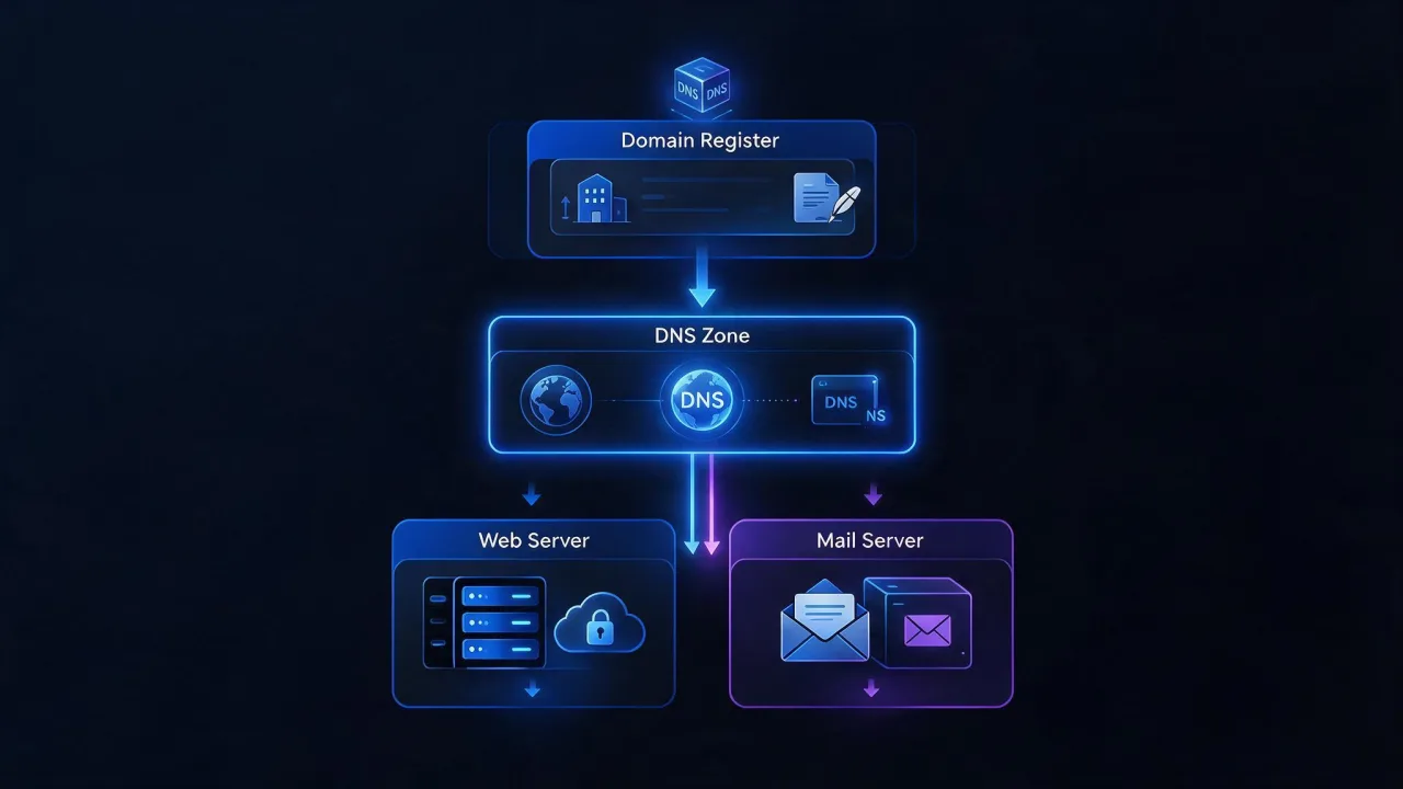 Diagram of the four layers of domain setup: delegation, DNS zone, web server and mail