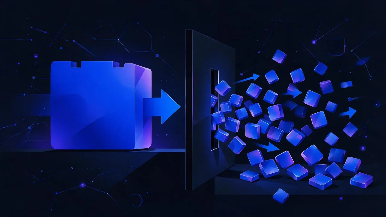 A single large block compared with the same volume split into small pieces passing easily through a narrow gate