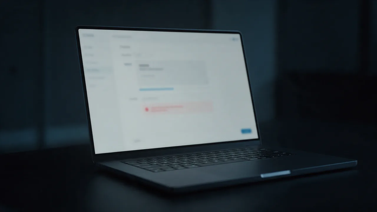 A laptop on a dark desk showing a blurred file upload form with a red error message below it