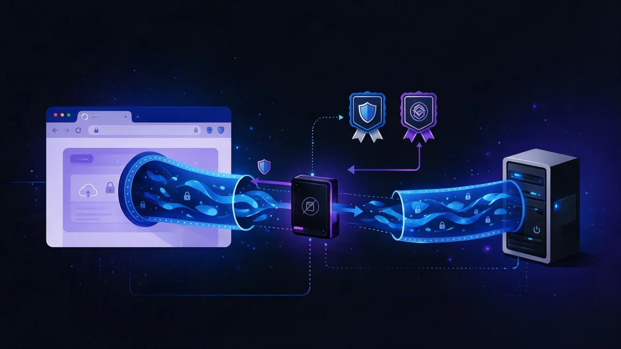 Diagram of TLS interception: antivirus software or a corporate gateway replaces the site certificate with one issued by a local certificate authority