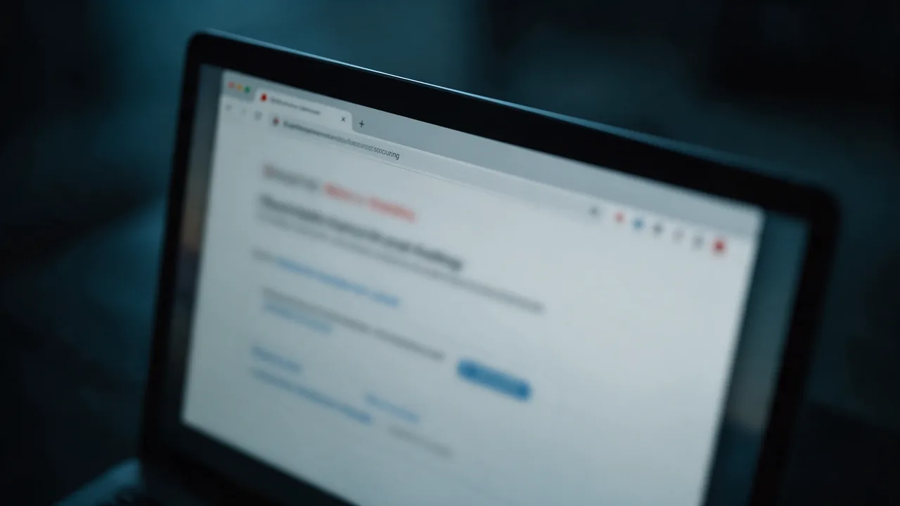 A laptop showing a blurred browser warning page with a red icon near the address bar