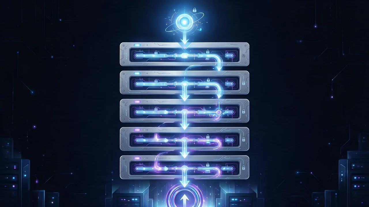 Five stacked layers of a web request - DNS, routing, TCP, TLS and HTTP - shown as sequential gates a request must pass
