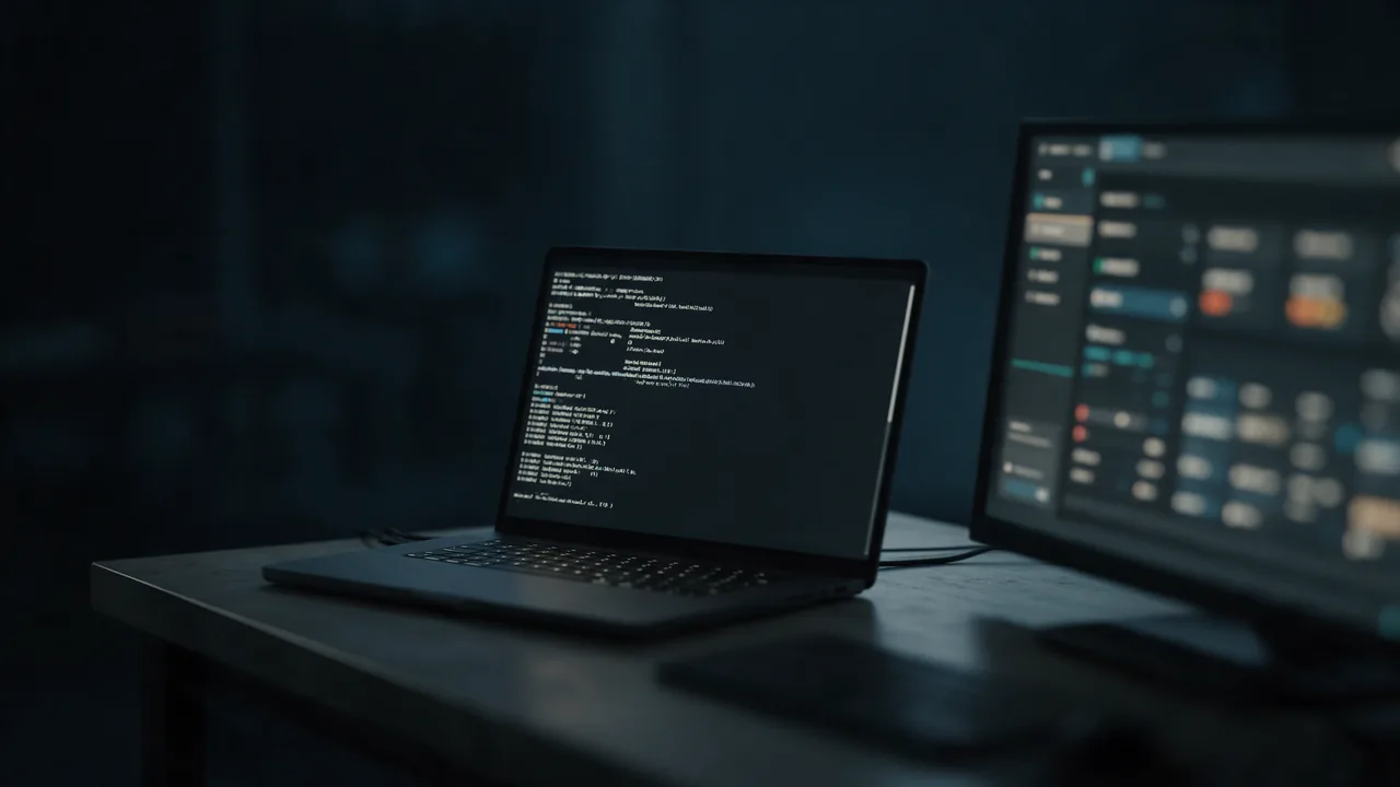 An engineer desk with a laptop showing blurred terminal commands and a second screen with a blurred status dashboard