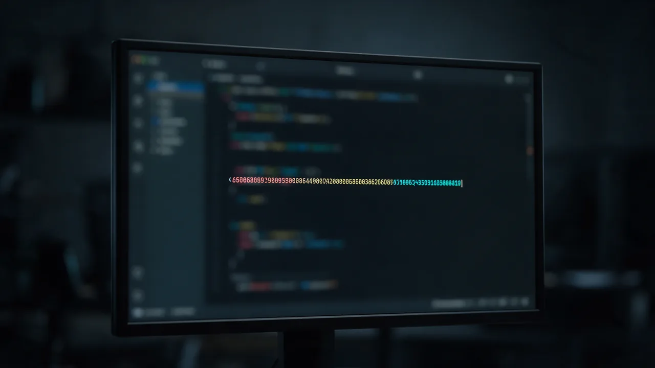Monitor with a blurred code editor highlighting one long token string in three coloured parts
