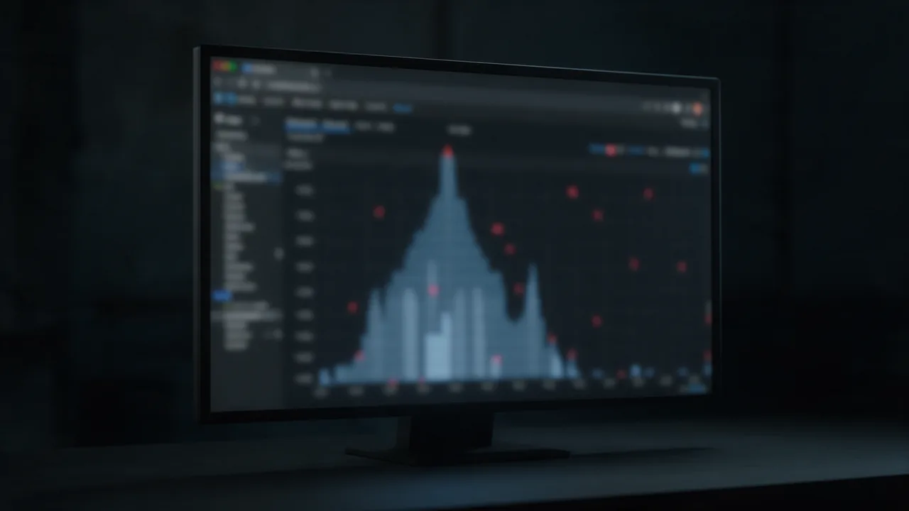 A monitor showing a blurred browser performance profiler with a tall timing chart and scattered red markers