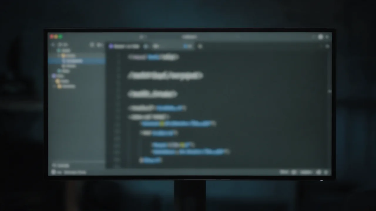 A monitor with a code editor showing a blurred plain text file with headings and links