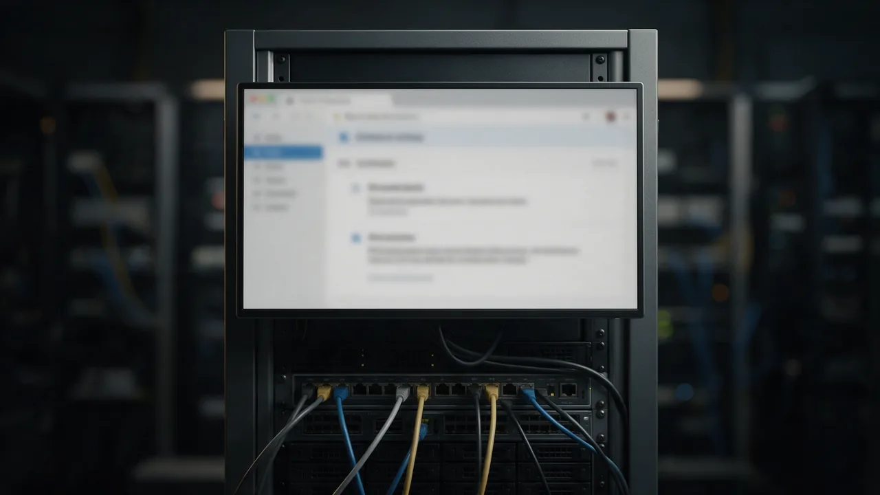 A server rack with a mounted monitor showing a blurred policy settings page above patched network cables