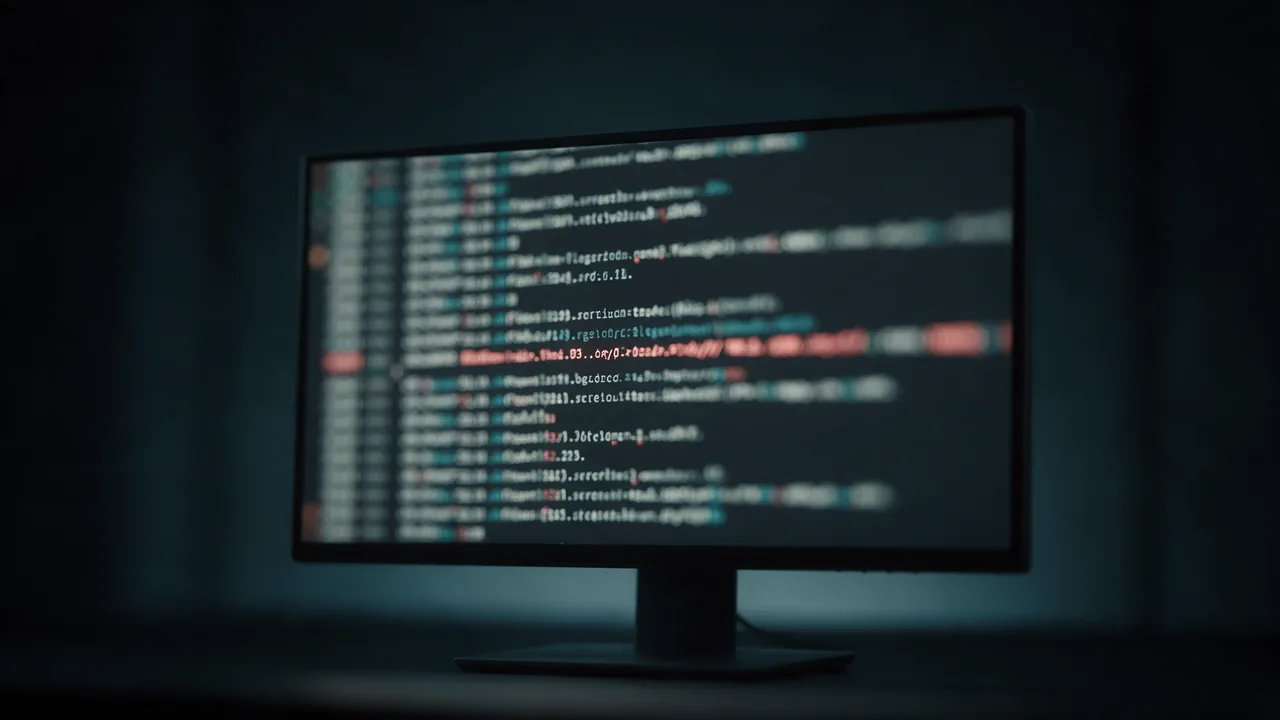 A monitor with a terminal showing blurred web server log lines, one line highlighted in red