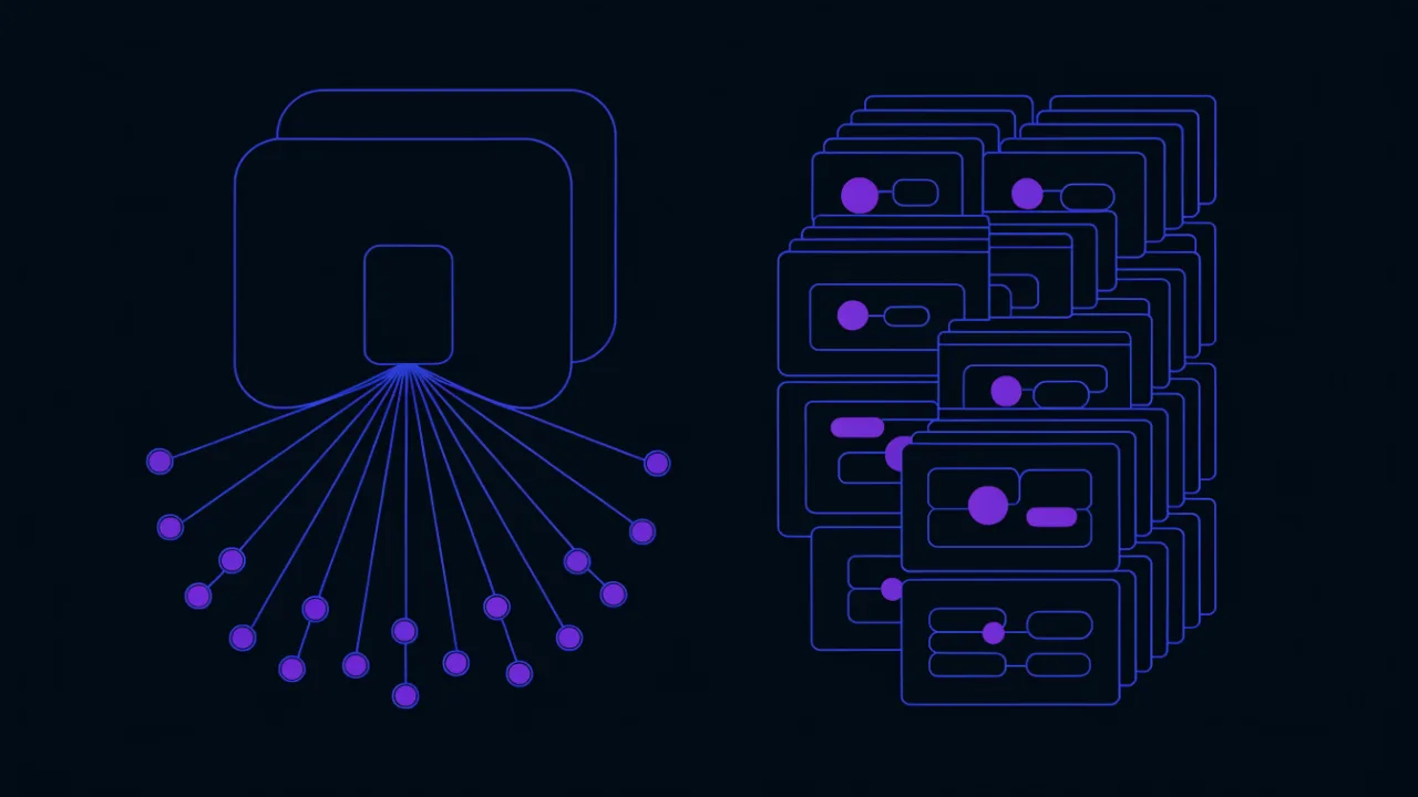 Diagram comparing the nginx event-driven model with one worker serving many connections against the Apache prefork process-per-connection model